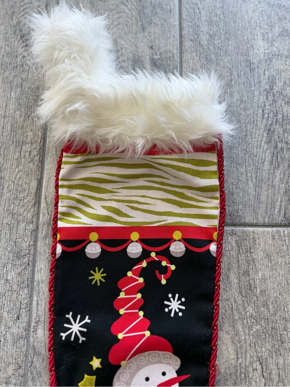 Handmade Holiday Snowman Christmas Stocking with White Faux Fur Cuff